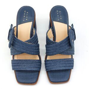 Alex Marie Blue Raffia Block Heel Slide Sandals Sz 6 Open Toe Dress Mule Buckle